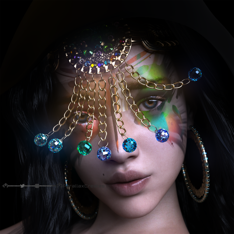 CGI Render of 3d artwork of a girl with beautiful eyes wearing 3d jewelry by ParallaxCreates