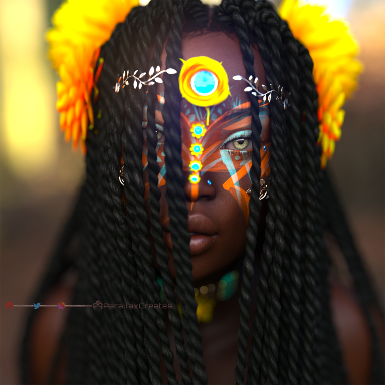 CGI Render of 3d artwork of a beautiful African girl character created by ParallaxCreates. She is wearing beautiful jewelry and colorful makeup.