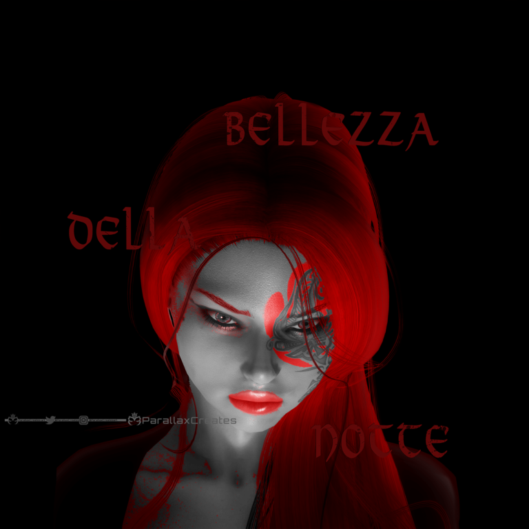 3D and 2D Art by ParallaxCreates featuring a character named Lariel. Lariel is the main character of Parallax's story "Zenathon". The words Bellezza, Bella and Notte are written on the artwork which are Italian for Beautiful, Pretty and Night.