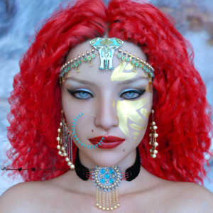 CGI Render of 3d woman with red hair wearing a 3d crown of pearls with gold earrings created by ParallaxCreates