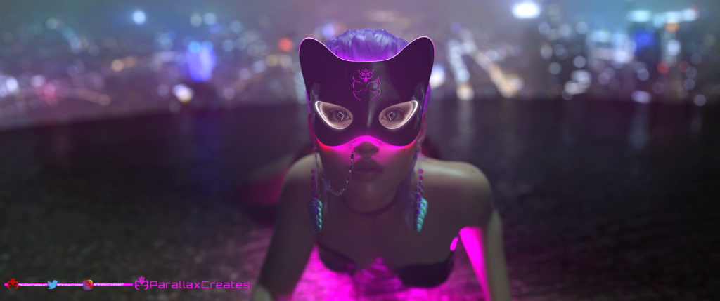 CGI Render of 3d artwork of a girl with purple hair in a cyberpunk city upon a rooftop wearing 3d jewelry by ParallaxCreates