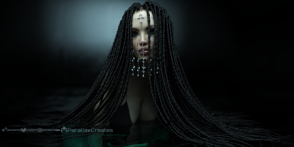 A realistic CGI Render a woman with long braids sitting a pool of water in gothic atmosphere. She has silver 3d jewelry on her face. 3d Artwork by ParallaxCreates
