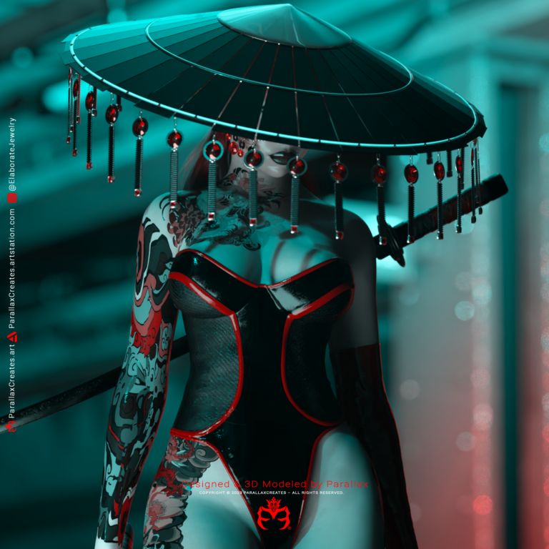 3D Artwork of a woman named Azura Kira created by ParallaxCreates. She is wearing a Jingasa inspired Samurai Hat with hanging jewelry, Designed and 3D Modeled by ParallaxCreates.