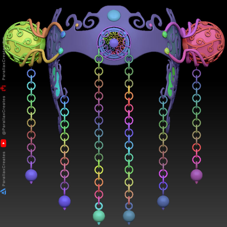 A screenshot of ParallaxCreates' latest 3D Jewelry. 3D Modeled in ZBrush, This new Jewelry Headdress has 6 hanging rows of chains and two beautiful round gems on each side of the tiara. Designed and 3D Modeled by ParallaxCreates.