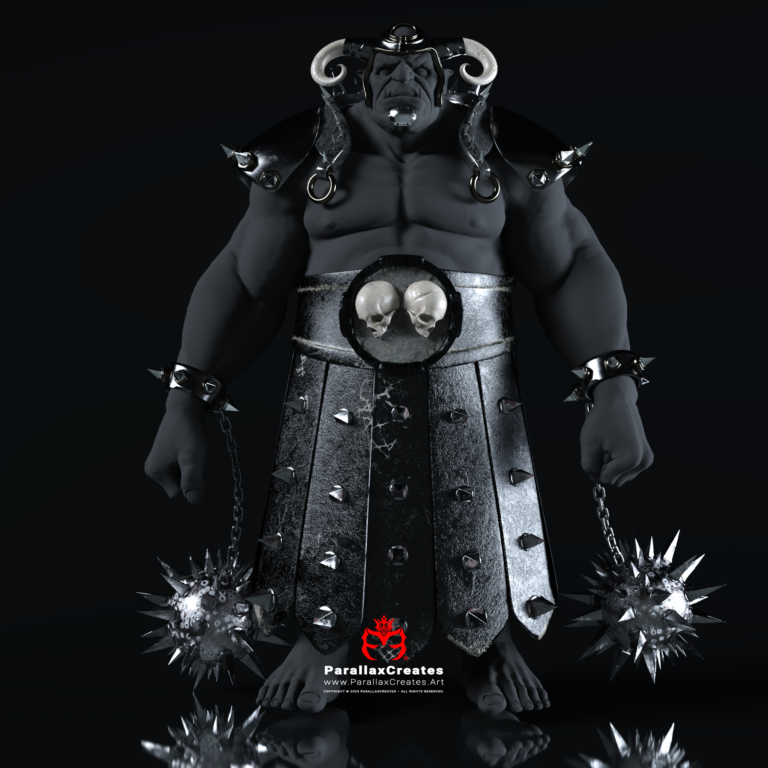 Game Ready Fantasy Armor 3D Modeled, Textured and Rigged by ParallaxCreates. The character wearing the armor is an ogre monster and he is holding flails in each hand that rigged for animation.