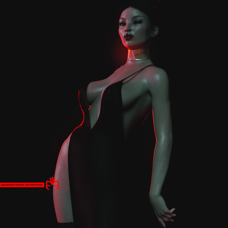 3D Render of a character named Zodi created by ParallaxCreates. She is wearing a black dress. The rim lighting is red.