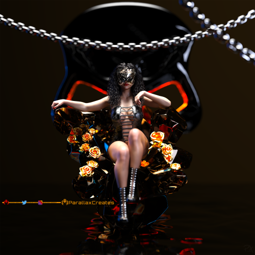 CGI Render of a 3d woman wearing a mask and latex clothing sitting on a black throne made of crystals. 3d artwork by ParallaxCreates